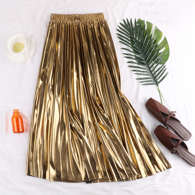 2026 Spring and Autumn New French Style High Waist Shiny Metallic Reflective Mid-Length A-Line Pleated Flared Skirt for Women