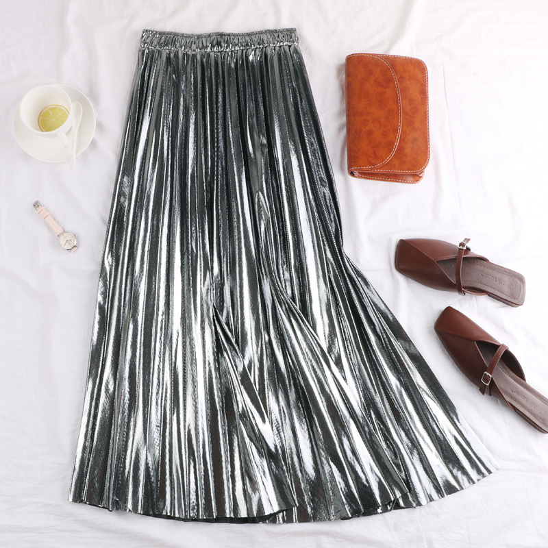 2026 Spring and Autumn New Metallic Reflective Fabric Pleated Skirt High Waist Slimming Mid-Length Skirt for Women C80