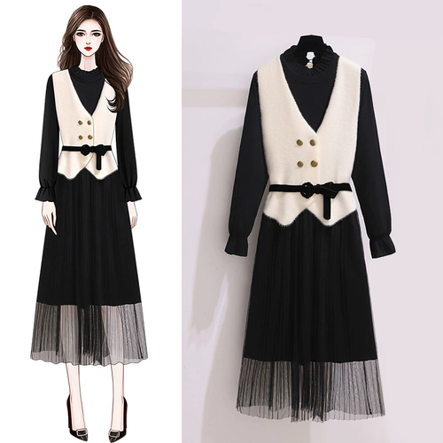 Осенний жилет, комплект, юбка, яркий броский стиль, коллекция 2022, в западном стиле