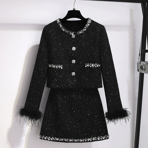 Пуховик, комплект, черная куртка, мини-юбка, в стиле Шанель, увеличенная толщина