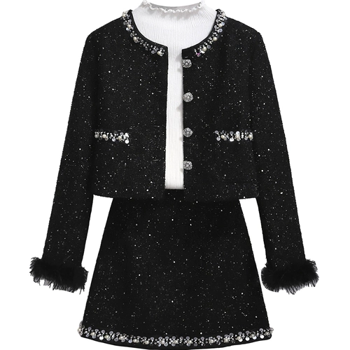 Пуховик, комплект, черная куртка, мини-юбка, в стиле Шанель, увеличенная толщина