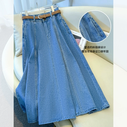 Синяя летняя тонкая длинная джинсовая юбка для отдыха, высокая талия, А-силуэт