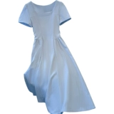 Синее летнее платье, длинная юбка, французский стиль, квадратный вырез, изысканный стиль