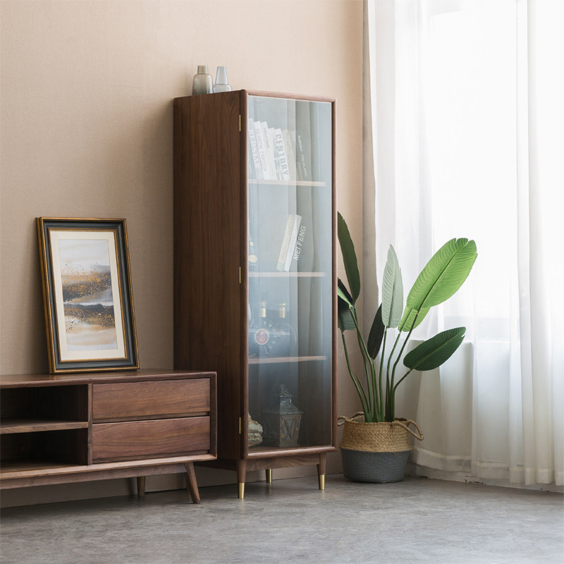 Nordic solid wood bookcase black walnut display cabinet storage cabinet glass door TV side cabinet living room side cabinet vertical cabinet