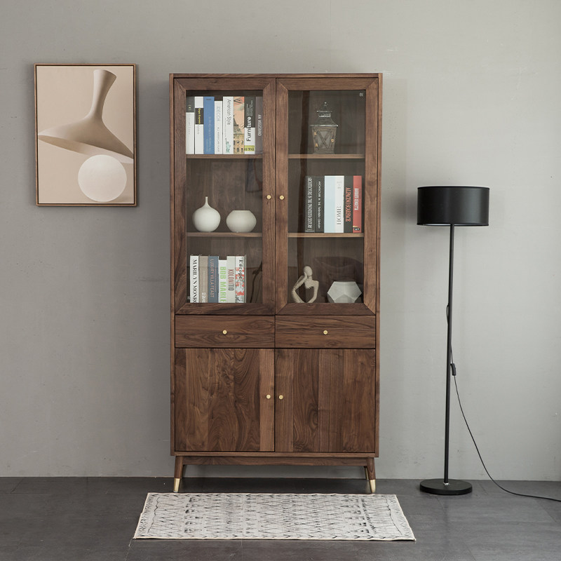 Nordic all solid wood bookcase simple modern black walnut bookcase with glass door storage cabinet floor display cabinet
