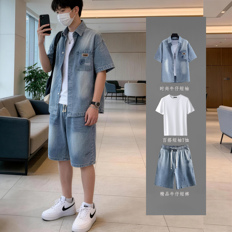 Denim Shirt Men's Thin Short-Sleeved Shirt with Shorts for Teenagers and Male Students New Summer Casual Suit