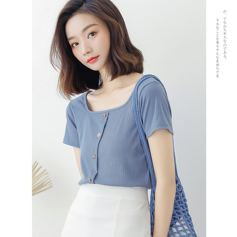 chic port wind pure colour square collar short sleeve T-shirt female summer 2022 new retro port taste with slim blouses