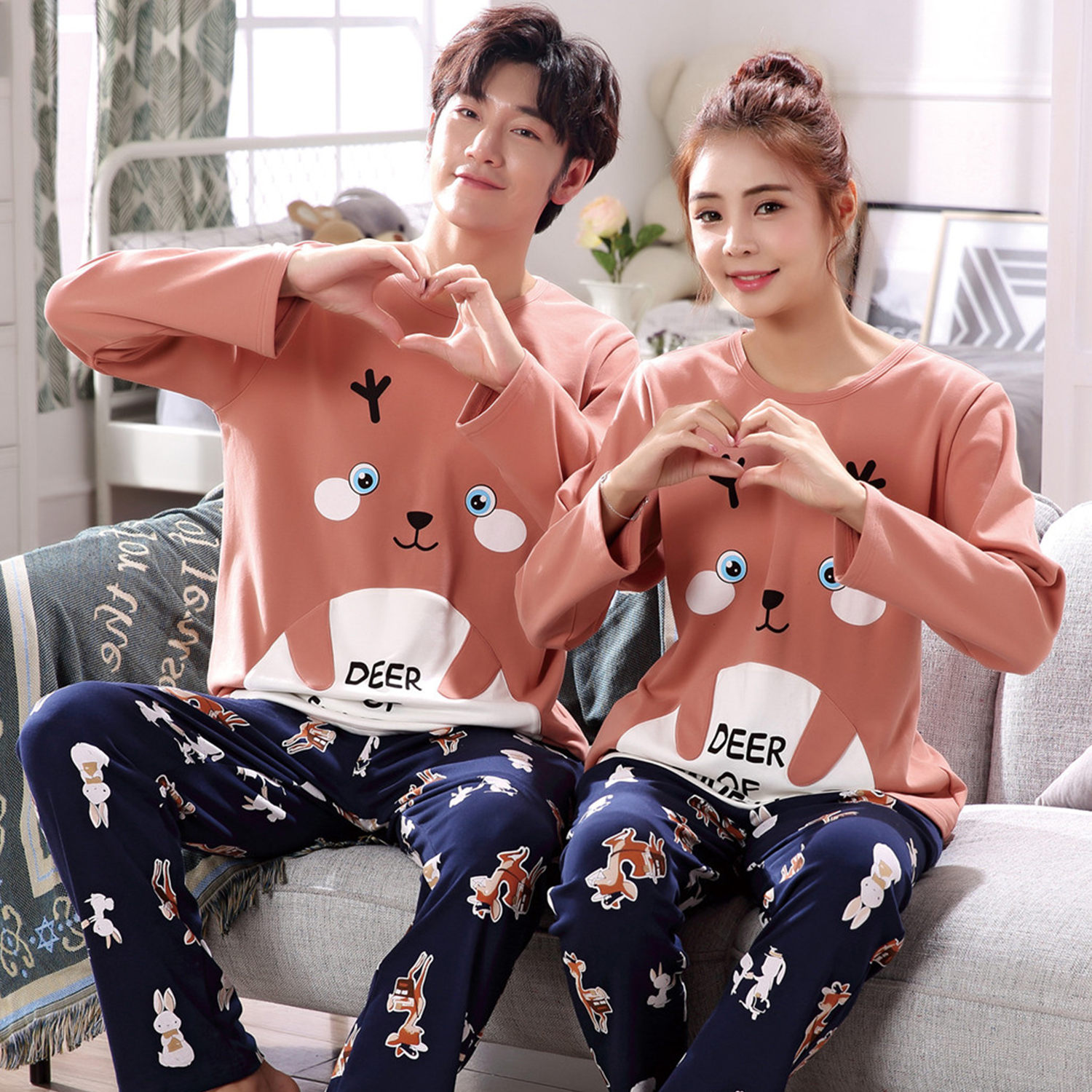 Spring and autumn in pure cotton long sleeve lovers' sleepwear suit for men and women gats up overweight mm200 cateasing home clothes