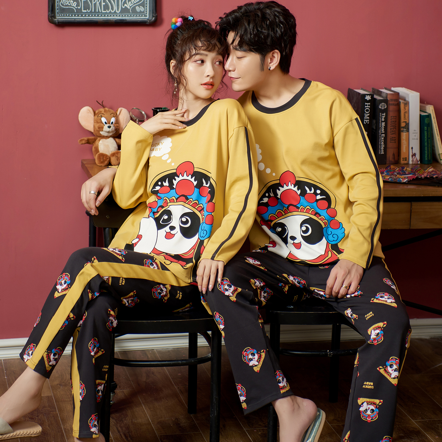 Cartoon Cute Couple Sleepwear Long Sleeves Pure Cotton Spring Autumn Money All-cotton Girls Men's Autumn Winter Home Suits Suit Big Size