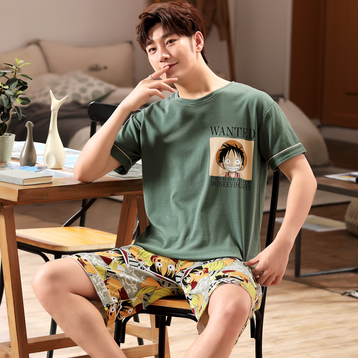 Summer 100% cotton short sleeve thin men's pajamas cartoon student set summer cotton plus size loungewear