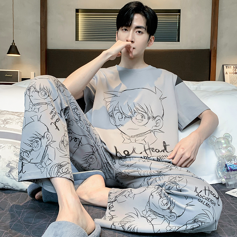 Men's Pajamas, Summer Pure Cotton Short-Sleeved Long Pants, Spring and Autumn Thin Style, Teenagers, Students, Large Children, Large Size, All-Cotton Home Wear