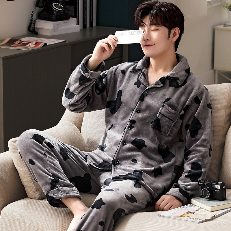 Autumn and winter coral fleece men's pajamas large size cardigan suit winter thickening and velvet flannel middle-aged home wear