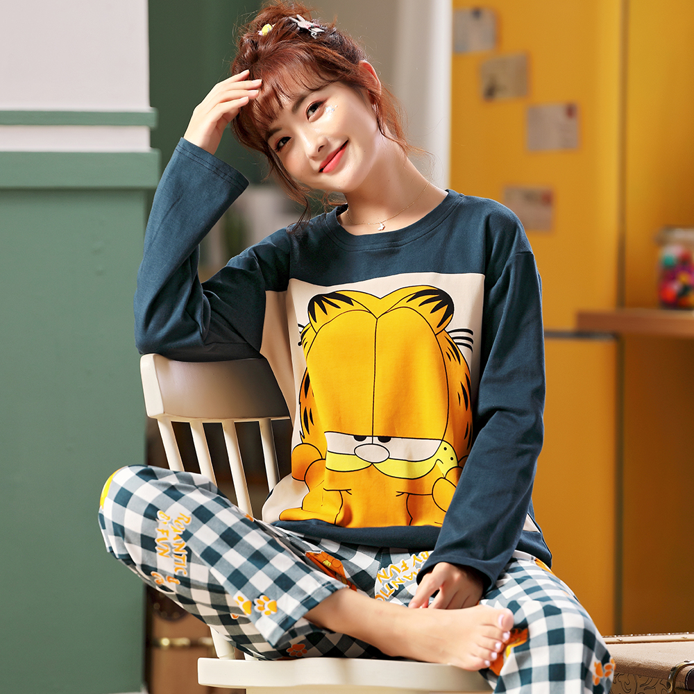 Spring and autumn cotton long-sleeved ladies pajamas 2022 new home clothes autumn and winter cartoon large size 200 catties suit