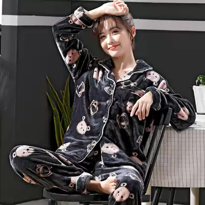 Winter coral velvet women's pajamas plus velvet thick flannel can be worn outside heating clothes, spring, autumn and winter plus size