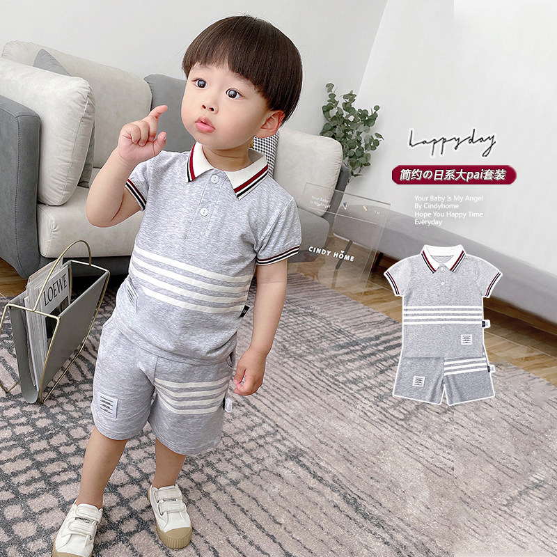 Summer middle and small children English pure cotton short sleeve suit boybaby leisure gentleman Yang summer dress children to overturn clothes