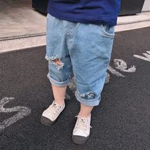 2021 summer new male baby hole made old pants fashion trend casual washed buffalo pants childrens clothing bottoms
