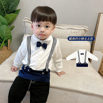 English Wind Kids Gentleman Braces Jacket Foreign Air 100 Hitch Fashion Pure Cotton Male Baby Clothes Children Long Sleeve T-Shirt