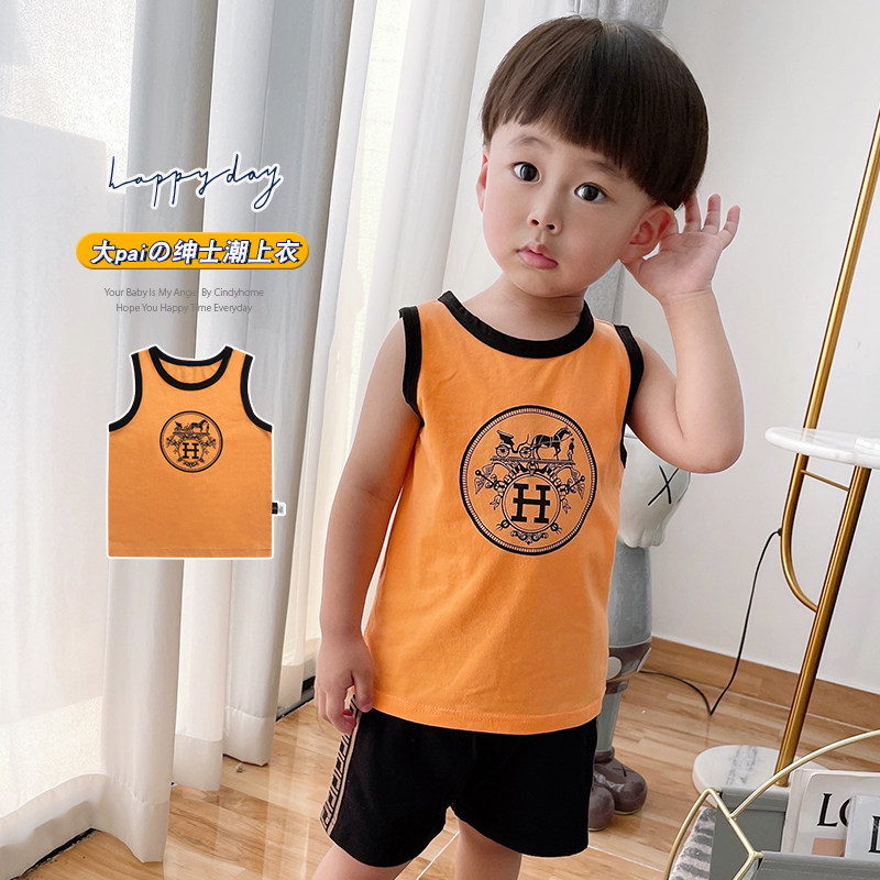 2022 Summer in children printed sleeveless vest pure cotton trend Ocean sends male baby thin clothes children summer clothes