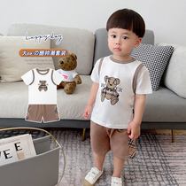 Ingléin Wind Cartoon Little Bear Boy Suit Summer Thinness Pure Cotton Short Sleeve Child Tide Nets Red Baby Clothes