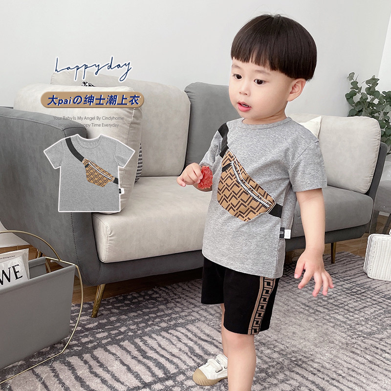 Small Shoulder Bag Printed Boy Summer Mount Round Collar Pure Cotton Summer Short Sleeve T-Shirt Mid-Child Children Baby Mesh Red Clothing
