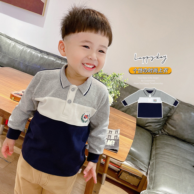 Three-color stitching small and medium-sized children's pure cotton gentleman British T-shirt top spring and autumn long-sleeved foreign-style male baby clothes