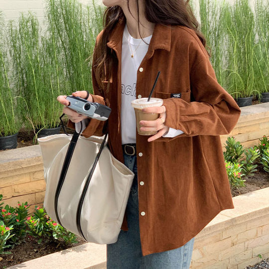 Retro long sleeve corduroy caramel shirt jacket thick