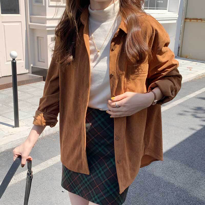 Spring and Autumn Melard Color Corduroy Shirt Jacket for Women, Brown Layered Cardigan, Long Sleeve, Loose Fit, Regular Shoulder, Mid-Length