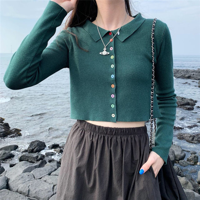 Besto Dark Green Knitted Sweater Hyun Ya High Waist Short Section Navelless Single Breasted Knitted Cardigan Small Coat Trendy
