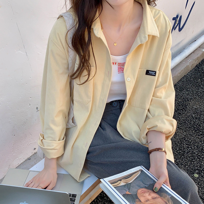 Baisiduo Hong Kong Style Corduroy Goose Yellow Shirt for Women, Unique Design, Niche Milk Yellow Long-Sleeve Cream Yellow Jacket for Autumn