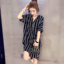 Summer new large size womens vertical stripes long chiffon dress fat sister short sleeve belly V-neck shirt