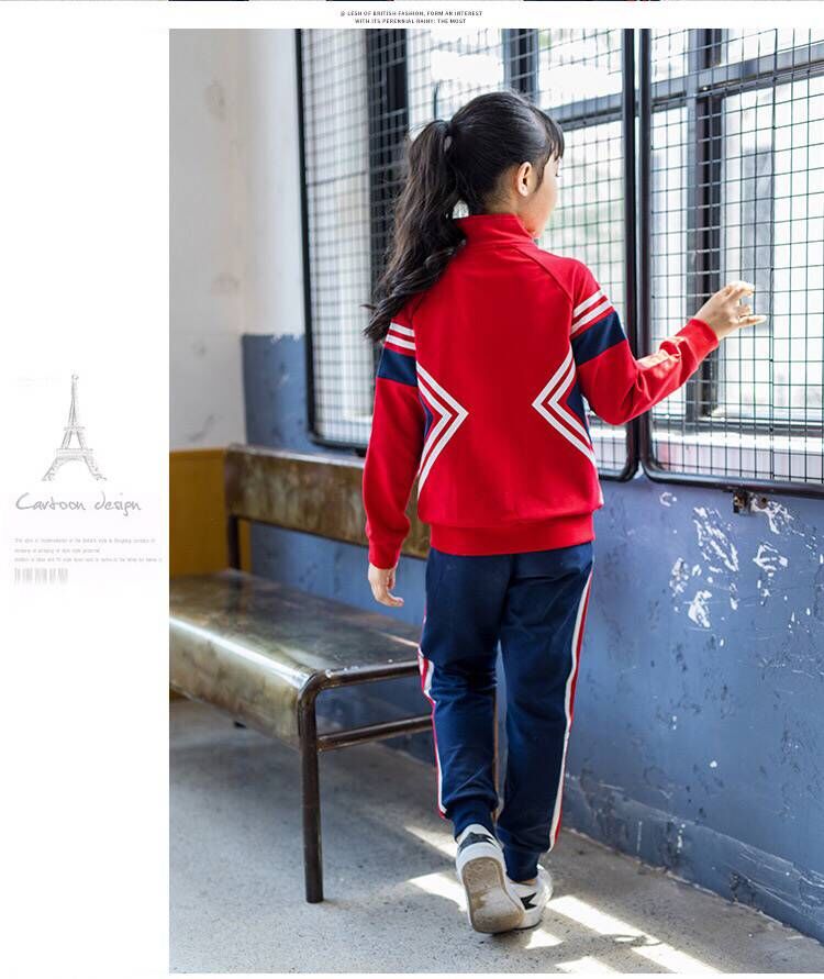 Đồng phục học sinh tiểu học quần áo thể thao phù hợp với quần áo mẫu giáo màu đỏ và trắng quần áo mùa thu và mùa đông nam và nữ phục vụ lớp mùa thu tùy chỉnh quần áo cotton đẹp cho bé