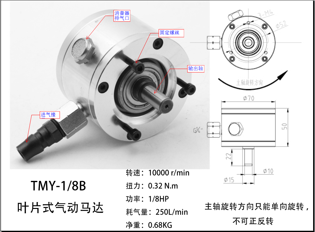 Industrial class vane-type pneumatic motor explosion-free high speed adjustable speed wind motor automation starter
