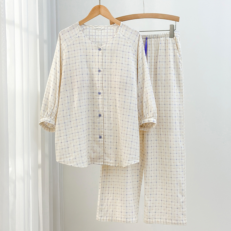 2026 Spring/Summer New Pure Cotton Double-Layer Gauze Pajamas Women's Three-Quarter Sleeve with Chest Pad Plaid Cotton Homewear Set 2026 Spring/Summer New Pure Cotton Double-Layer Gauze Pajamas Women's Three-Quarter Sleeve with Chest Pad Plaid Cotton Homewear Set