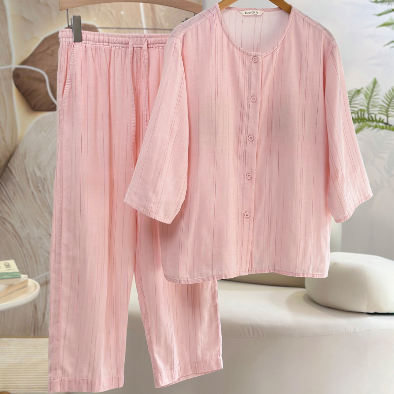 2024 Spring/Summer New 60-Count Pure Cotton Double-Layer Yarn Three-Quarter Sleeve Pajamas for Women with Chest Pads, Men's Thin Homewear Set