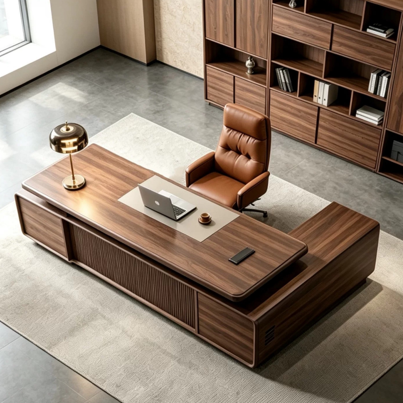 Modern Chinese-Style Black Walnut Solid Wood Executive Desk with Side Cabinet, High-End Executive Manager's Office Computer Desk