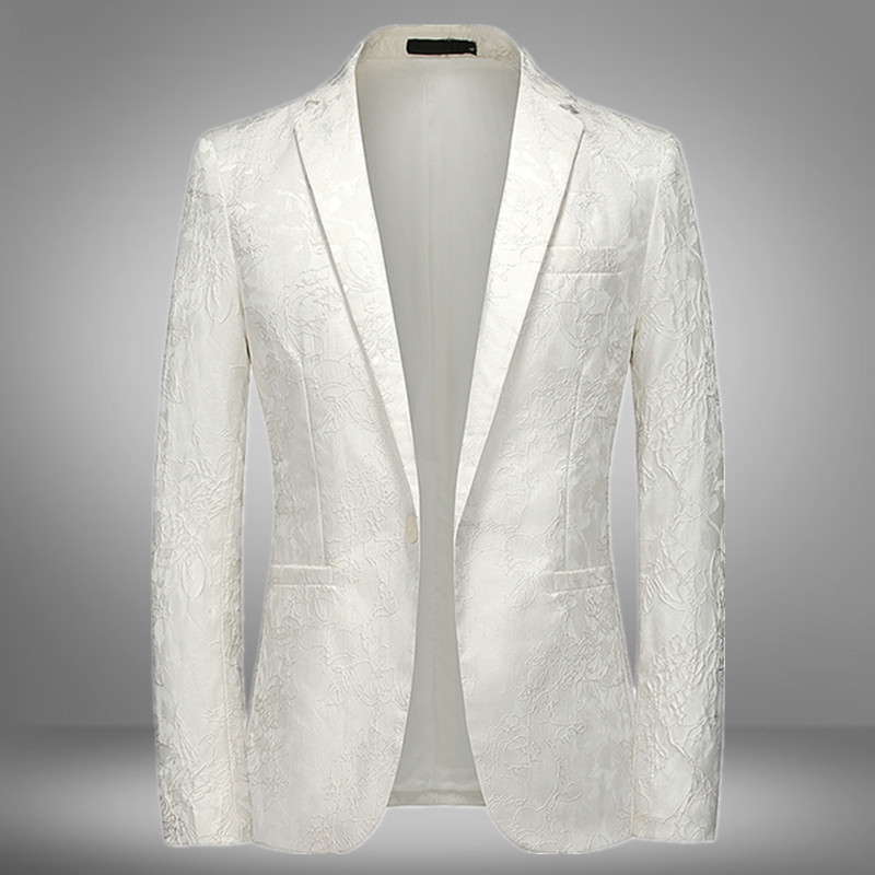 Spring Stylish White Suit Jacket for Men, Casual Short Casual Suit with Jacquard Pattern, Formal Men's Suit, Slim Fit Single Suit