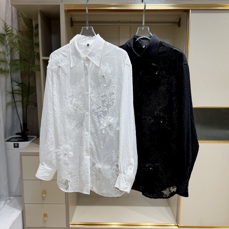 Shenzhen Nanyou Retro Lace Style Heavy Embroidery Hollow-Out Long-Sleeve Shirt for Women 2026 New Model Beaded Elegant Top