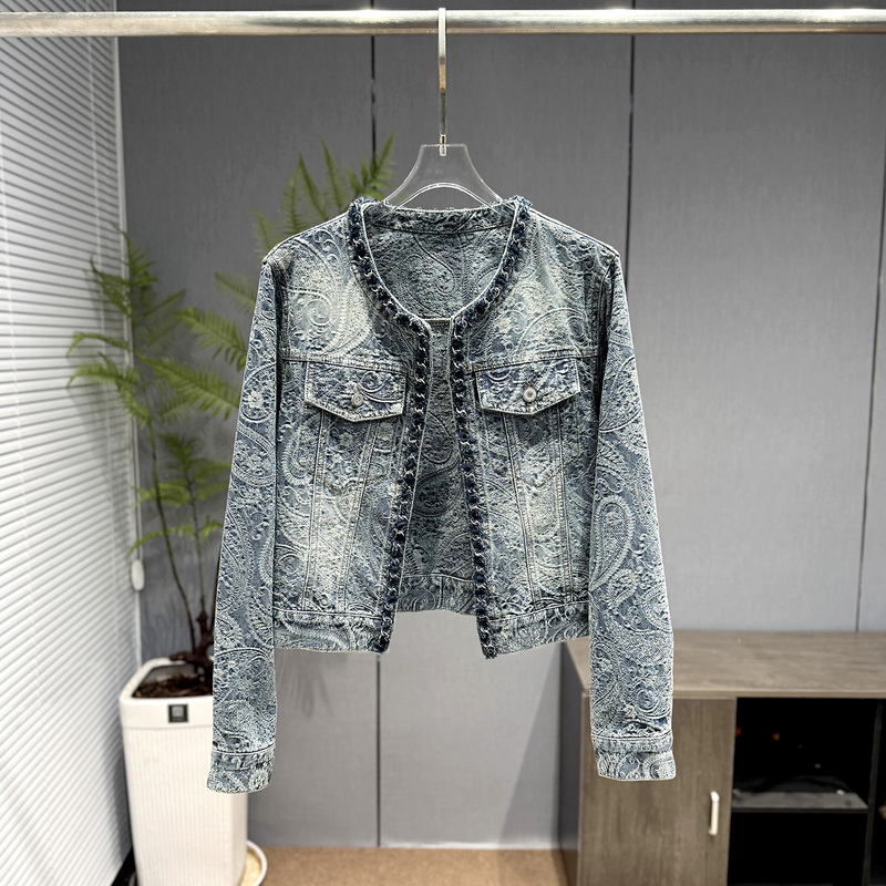 Shenzhen Nanyou Retro Jacquard Denim Jacket for Women, Short Style, 2026 New Spring Slim-Fit Jacket for Petite Figures
