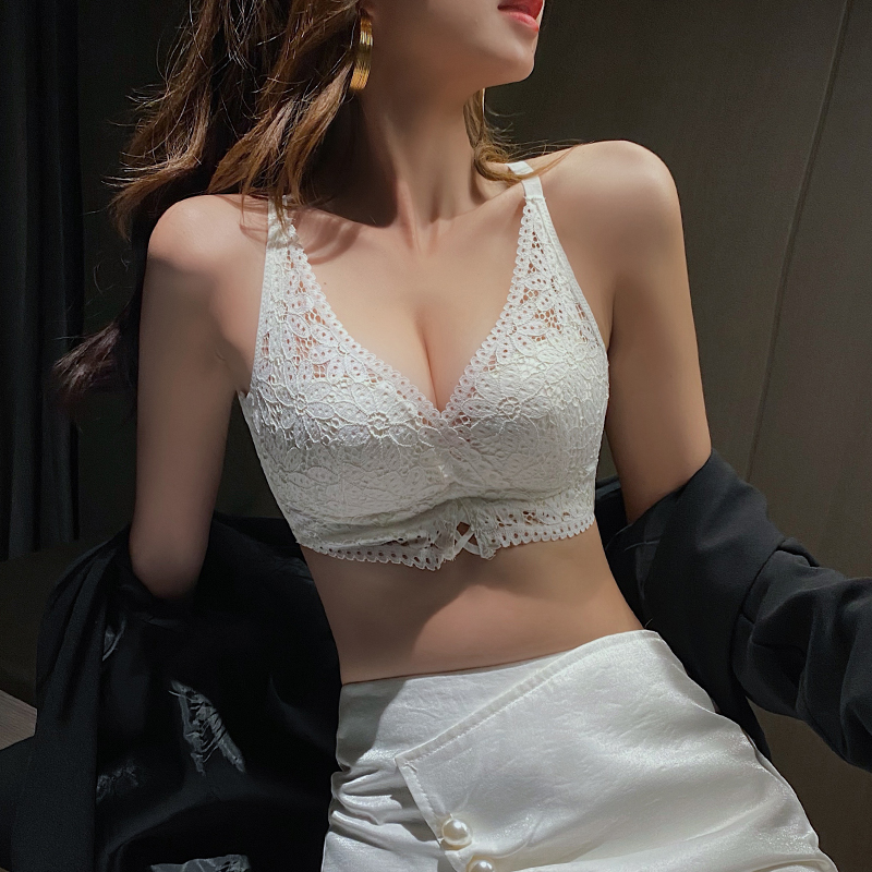 women's summer small chest push up wireless adjustable breast-adjusting anti-skid bra thin white lace little cute