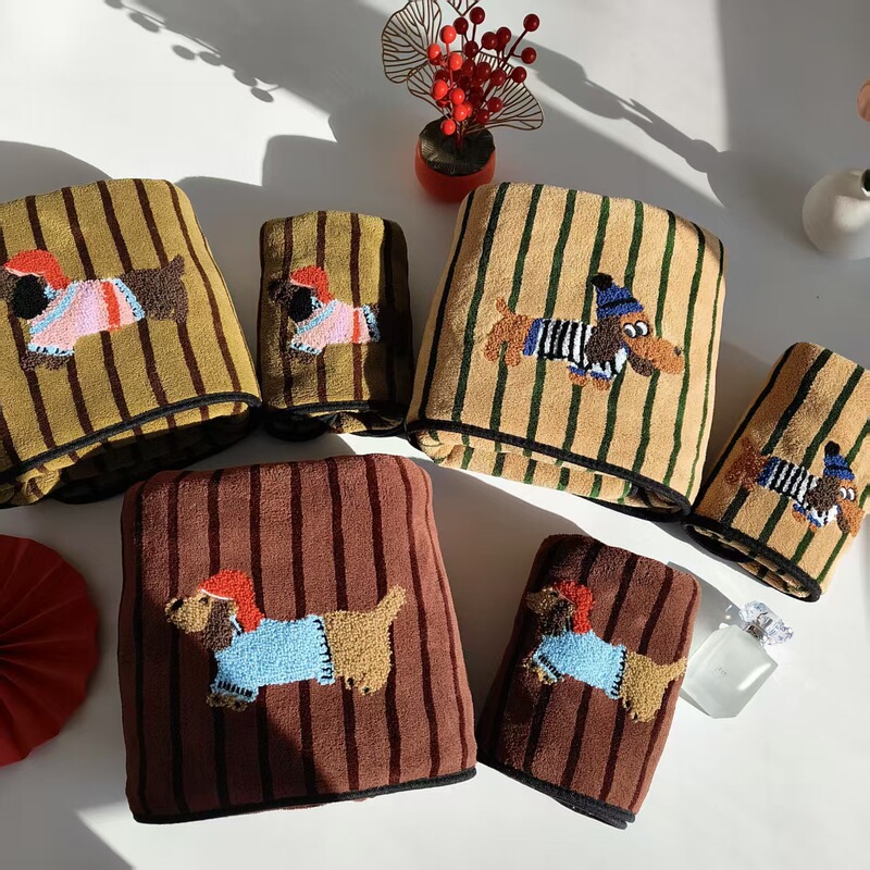 Cartoon Embroidered Puppy Coral Velvet Towel, Soft, Absorbent, Quick-Drying, Household Face Wash and Bath Towel, Striped Cute Bath Towel