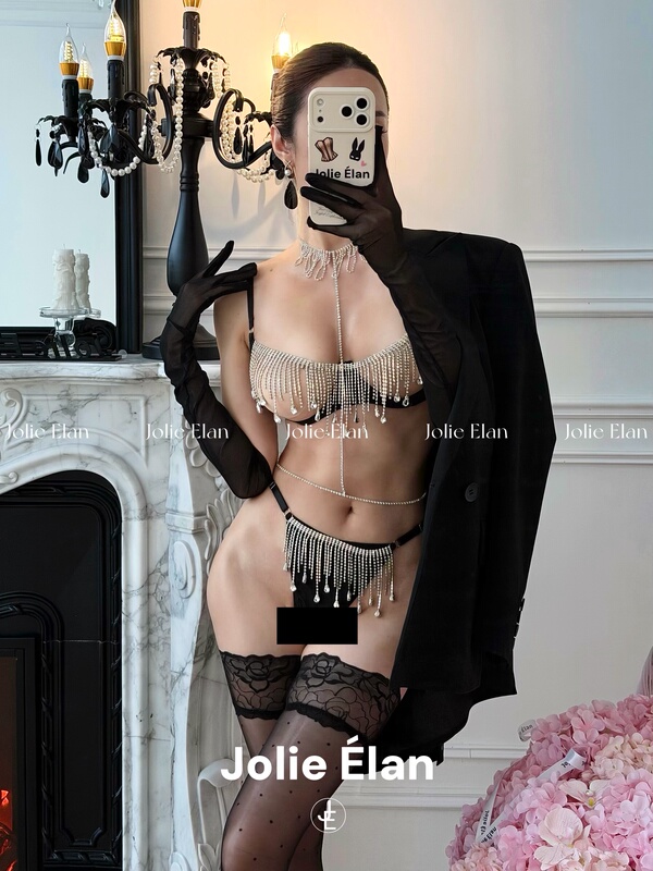 Jolieelan·Stunning Beauty·Sexy Tassel Rhinestone Chain Hollow Out Push-Up Sparkling Qq Lingerie Set