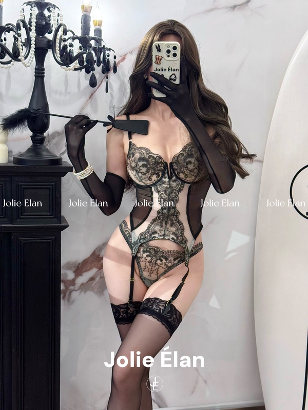 Jolieelan·Dark Night Rose·French Lace Mesh Embroider Sexy See-Through Push-Up Intimates Set