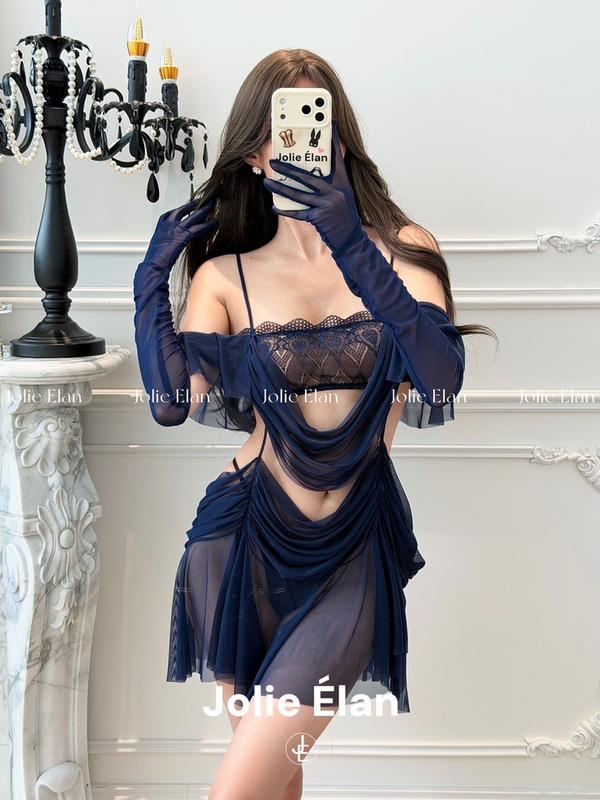 Jolieelan·Full-Level Sister·Sexy Dark Blue Lace See-Through High-End French-Style One-Piece Lingerie Set