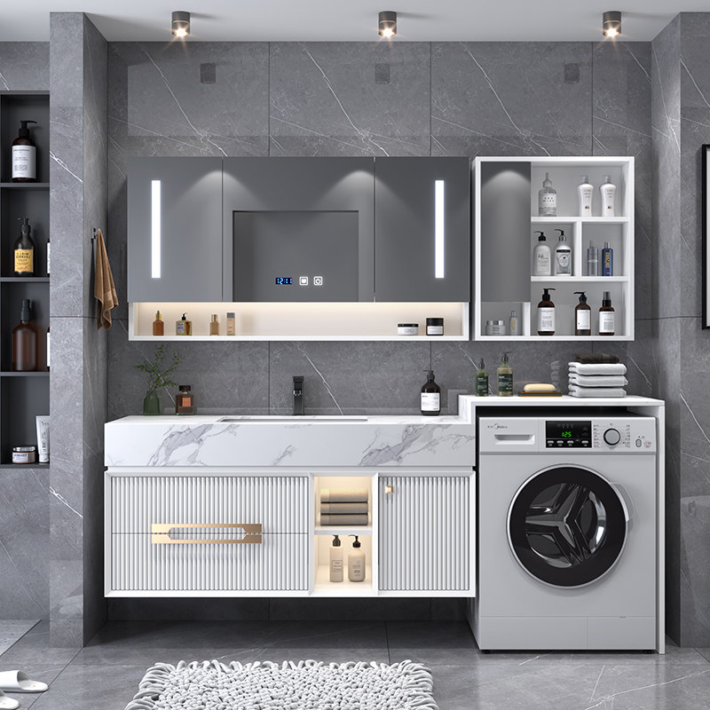 Modern Rock Board Bath Room Cabinet Combined Balcony Integral Cabinet Roller Washing Machine Mate Solid Wood Dressing Room Wash table