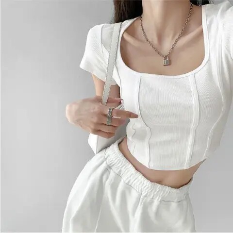 Hot Girl Pure Desire Fishbone U Neck Right Shoulder ເສື້ອຍືດແຂນສັ້ນສໍາລັບແມ່ຍິງ
