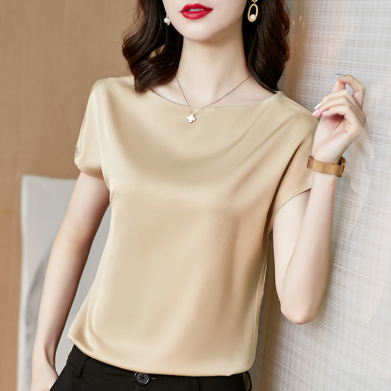 2026 Summer Women's High-End Stylish Acetate Satin Silk Top Short-Sleeve T-Shirt Paired with Wide-Leg Pants