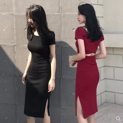 2026 Summer New Style Round Neck Hollow Out Backless Side Slit Slim Fit Bodycon Short Sleeve Dress Hepburn Style Little Black Dress for Women