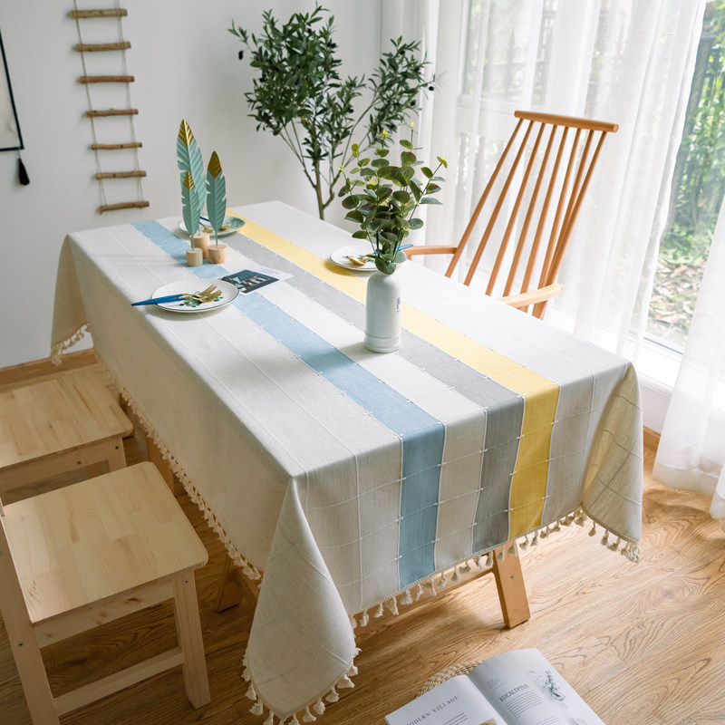 Japanese simple embroidered tablecloth Striped plaid waterproof fabric Tassel rectangular pastoral fresh Nordic coffee table cloth