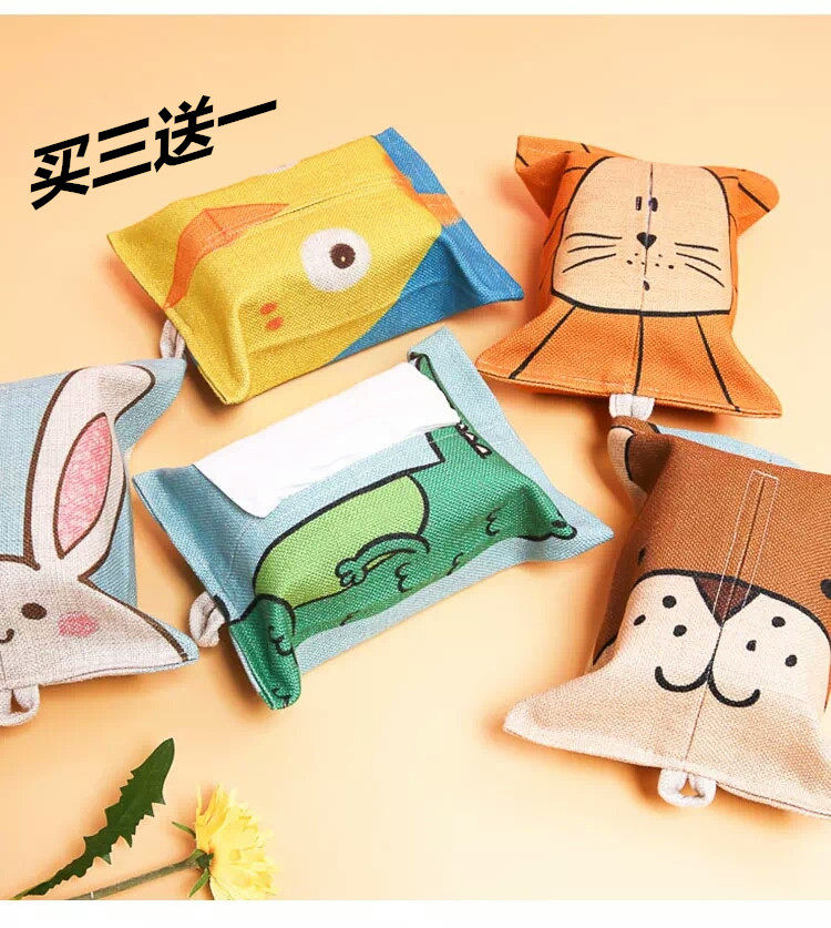 Korean cartoon cotton linen tissue box cute animal tissue cover tissue bag household car office paper bag