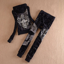European Standing Tide Fashion Hot Drilling Old Tiger Head Velvet Sport Suit Womens Slim Foreign Air Casual Clothing Two Sets Autumn